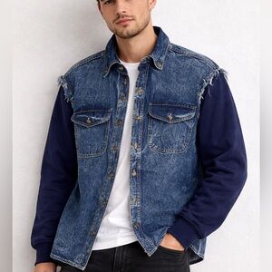 Biker Wear USA Denim Jacket – Raw Cutoff Shoulders, Sweatshirt Sleeves – Size M